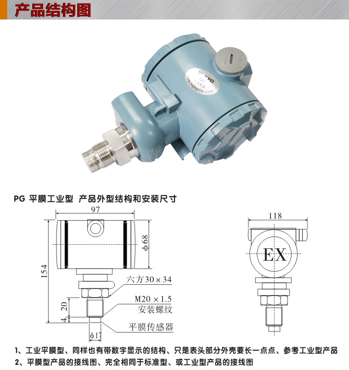 壓力變送器,PG1300PY平膜壓力傳感器結構圖