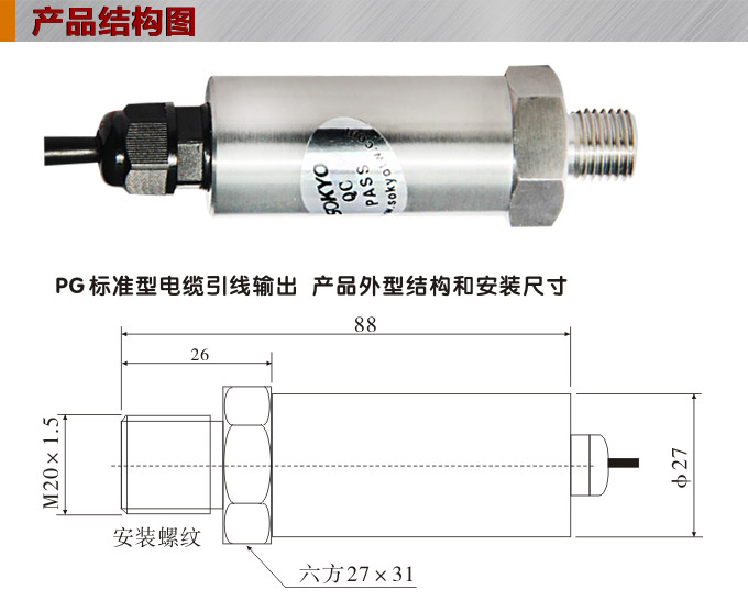 專用壓力變送器,PG1110試驗機專用壓力傳感器結構圖