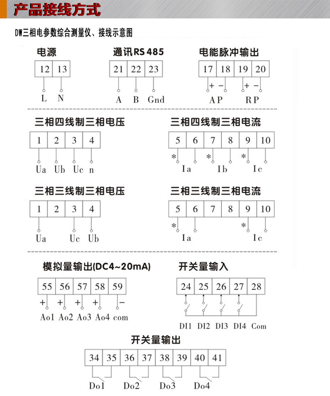 多功能電力監控儀,DW123-3000三相電流電壓組合儀表接線圖