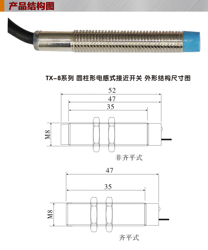 電感式接近開關,TX-8圓柱形接近開關結構圖
