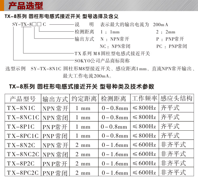 電感式接近開關,TX-8圓柱形接近開關產品選型
