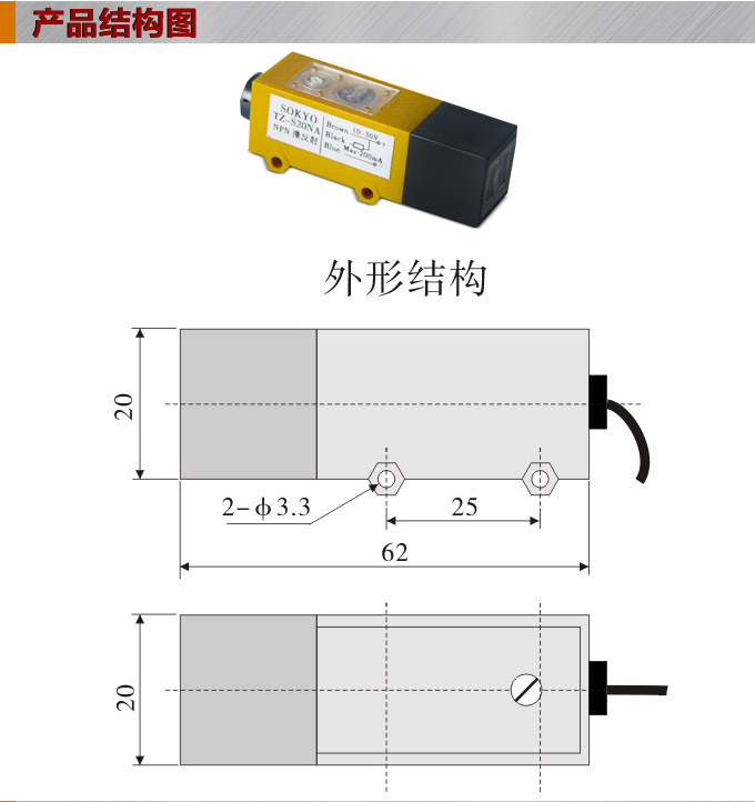 光電開關,TZ-S20長條形光電開關,光電傳感器結構圖
